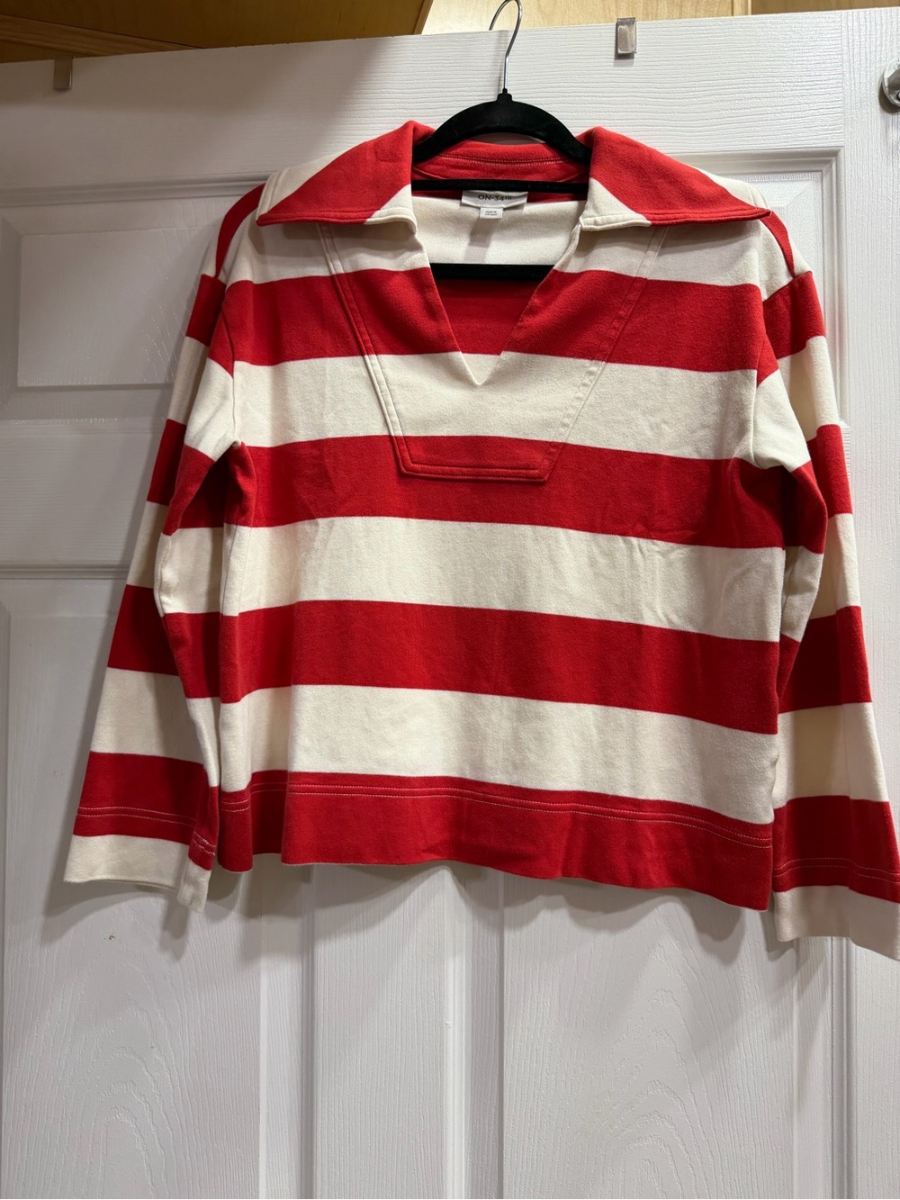 On 34th women’s Red & Cream Striped Long-Sleeve Polo Shirt